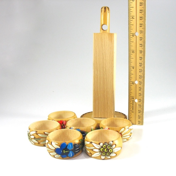 Wood Floral Napkin Rings, Set Six Stacking, Stand - Picture 5 of 8